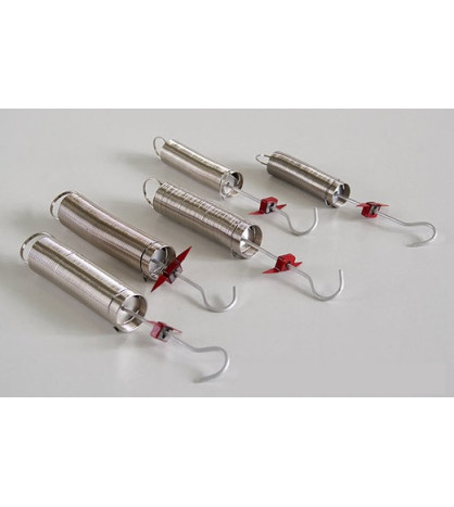 Sada 5 oceľových pružín s rôznými priemermi a značkami (Hookov zákon)